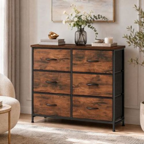 JIONJOY 6-Drawer Storage Dresser with Wood Top & Metal Frame, Fabric Storage for Bedroom, Closet，Brown