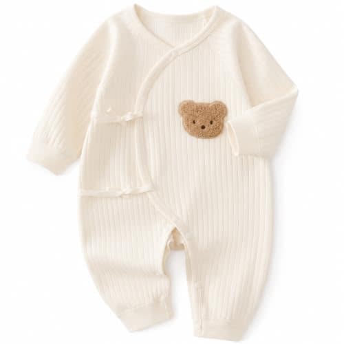 Newborn Baby Cotton Onesie, Cute Bear Patched Casual Long Sleeve Bodysuit, Toddler & Infant Boy's Girl's Comfortable Clothing