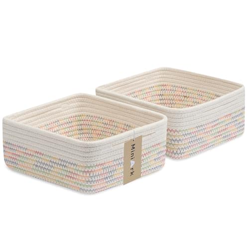 MiniArk Small Square Shallow Baskets for Organizing, 9.7x9.7x4.3 Inch Rope Woven Storage Bins for Cubes Closet, Shelves Storage, Boho Decorative Basket, 2 Packs Off White Rainbow
