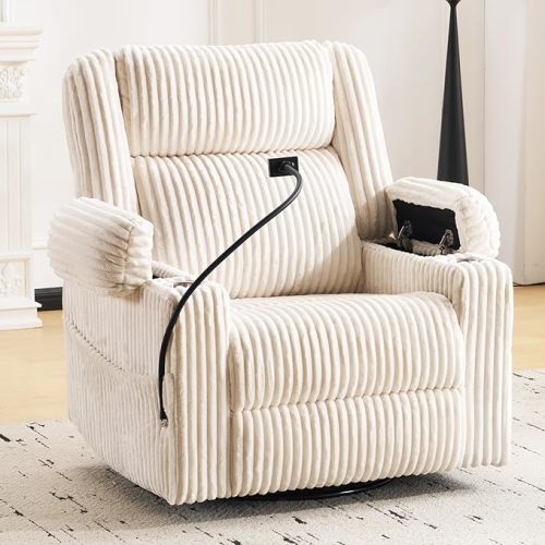 Oversized Power Recliner Chair with Massage and Heat,Swivel Rocker Recliner Chair for Adults with Arm Storage,Nursery Glider Recliner with Adjustable Headrest and Side Pockets,Phone Stand,Beige
