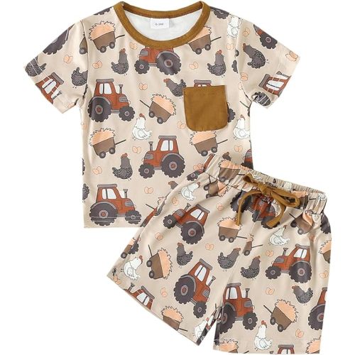 Toddler Baby Boy Farm Clothes Western Farm Chicken Animals/Tractor Shirt+Short Pant Summer Short Outfit Country Stuff