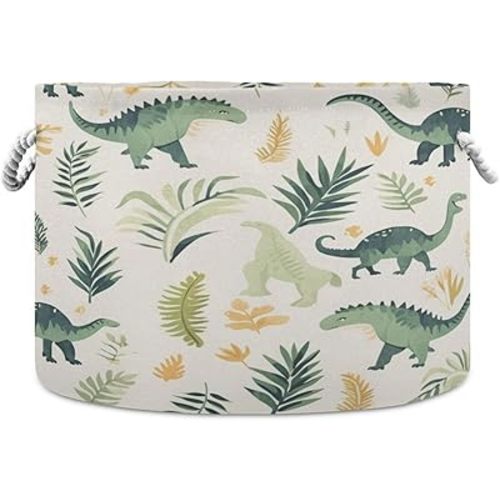 Canvas Storage Organizer Bin, Cute Dinosaur (1) Storage Basket Laundry Hamper with Handle for Clothes Playroom Decor, Large, 20 in Diameter