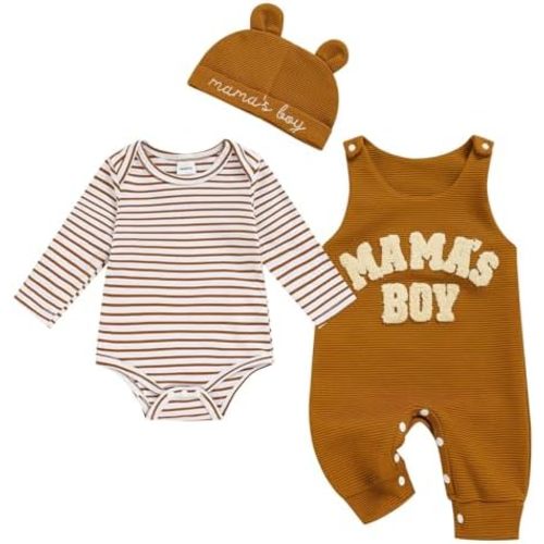 Viworld Newborn Baby Boy Clothes Mama's Boy Overalls Striped Long Sleeve Romper Hat 3Pcs Fall Winter Outfits