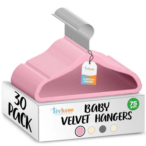 Techzoo Premium Baby Velvet Hangers 30 Pack – 11.8" Non Slip Felt Cloth Hangers for Closet – Ultra Slim, Space Saving Baby Clothes Hangers with 360° Swivel Hook Infant Hangers – Pink