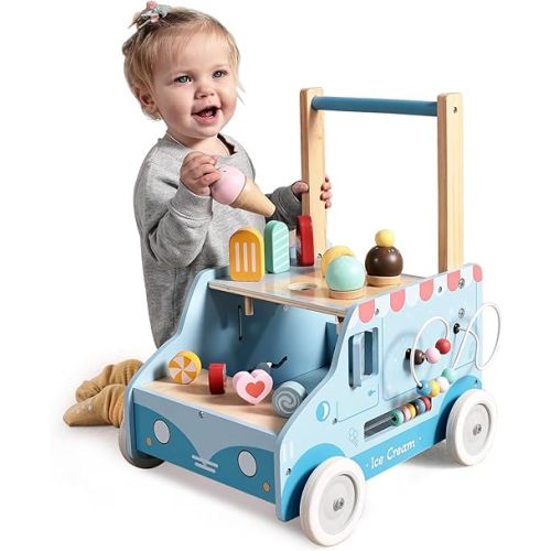 labebe Baby Push Walker, Wooden Activity Walker for Boys Girls 12M+, Push Walker Toy for Kids Learning to Walk, Adjustable Speed Learning Walking with Wheels, Birthday Gift for Babies Ages 1-3 (Blue)