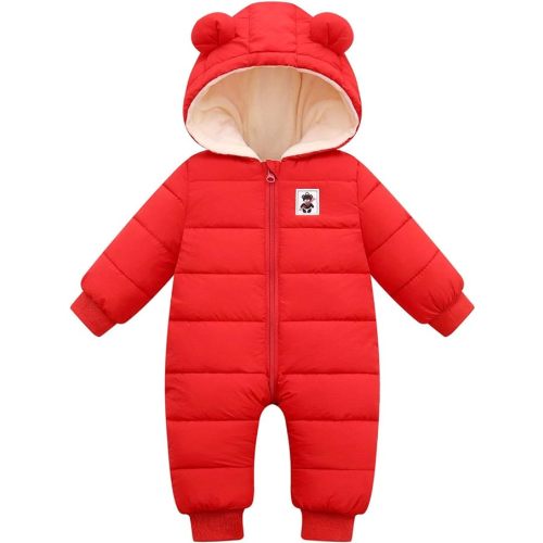 Happy Cherry Infant Toddler's Down Jacket Hooded Romper Baby Cute Zipper Long Sleeve Snowsuit Winter Jumpsuit for Baby Boys Girls 0-6 Months Red