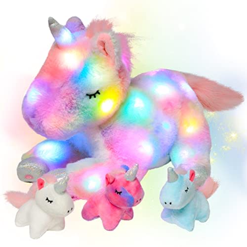 Hopearl LED Plush Unicorn Lighting Up Stuffed Mommy Unicorn with 3 Baby Unicorns in her Tummy Stuffed Animal Playset Night Lights Glow in The Dark for Mom Toddler Girls, Rainbow, 19''