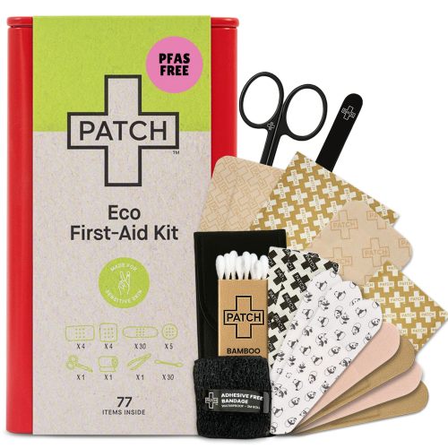 Patch Eco First Aid Kit, Assorted Hypoallergenic Adhesive Sizes Large and Small Bandages for Sensitive Skin, Essential Medical Supplies in a Reusable Tin, Latex Free, Sensitive Skin Bandages, 77 ct