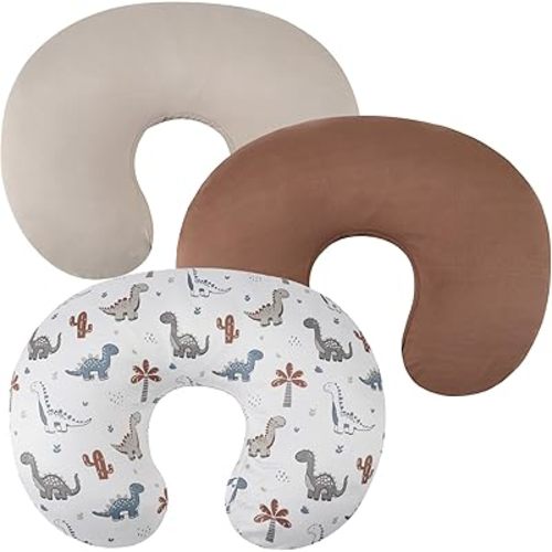 Nursing Pillow Cover Set 3 Pack Nursing Pillow Slipcovers for Moms Breastfeeding Moms, Ultra-Soft Stretchy Fit Standard Nursing Pillows Cream/Brown/Dinosaur
