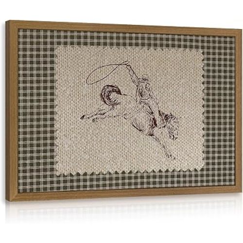 CGXY Wood Framed Western Cowboy Wall Art, Vintage Roping Horse Poster Print, Rustic Ranch Farmhouse Wall Decor, Retro Neutral Plaid Country Artwork for Living Room Bedroom Office 12x16 Inch
