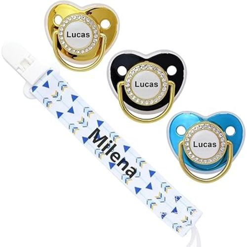 Personalized Pacifier Set with Name, BPA Free, Bling Gold Silver Pink Rose Gold Luxurious Ideal Gift for Newborns (Blue)
