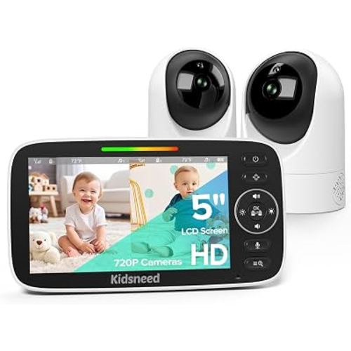 Kidsneed 5" Split Screen Baby Monitor with 2 HD 720P Cameras and Audio - No WiFi,Long Battery Life, Night Vision, Remote Pan& Tilt& Zoom，Two-Way Talk, Lullabies, Thermal Monitor, 1000ft Range