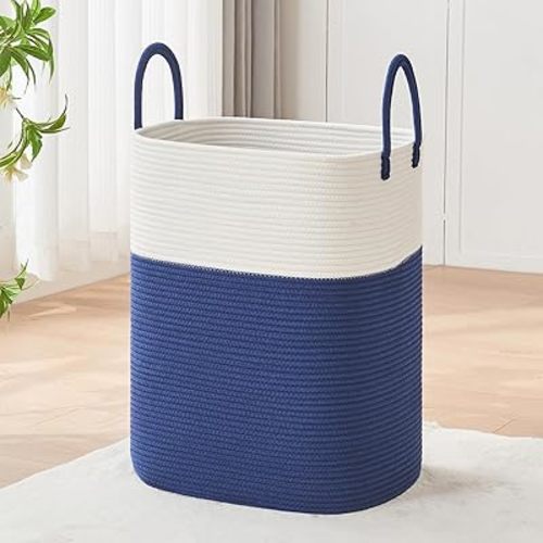 Laundry Basket with Handles - Blanket Basket & Hampers for Bedroom Aesthetic, Laundry Hamper & Blanket Storage for Living Room, Clothes Hamper, Tall, Large 17" x 14" x 23”, White & Dark Blue