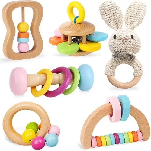 6 PCS Wooden Baby Rattle, Organic Colorful Baby Hand Rattles Set, Wood Rattles for Babies 0-6-12 Months, Wooden Teether Crochet Rattle Toy for Newborn Infant, Montessori Toys for Babies 0-6 Months