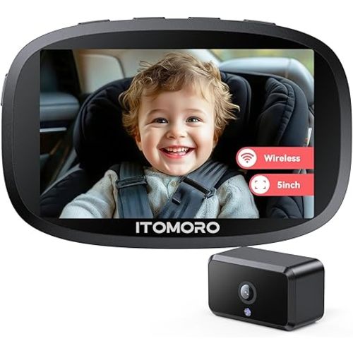 Itomoro Wireless Baby Car Camera, Rechargeable Car Baby Monitor with 5" HD 1080P Night Vision Display, Backseat Camera for Kids Max Range 1000FT, Easy Installation 360° Rotatable Rear Facing Mirrors