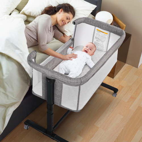 "AILEEKISS Baby Bassinet with Wheels, Adjustable Bedside Sleeper Crib, Grey, 6 Heights, 32""x17""x1.5"" Mattress"