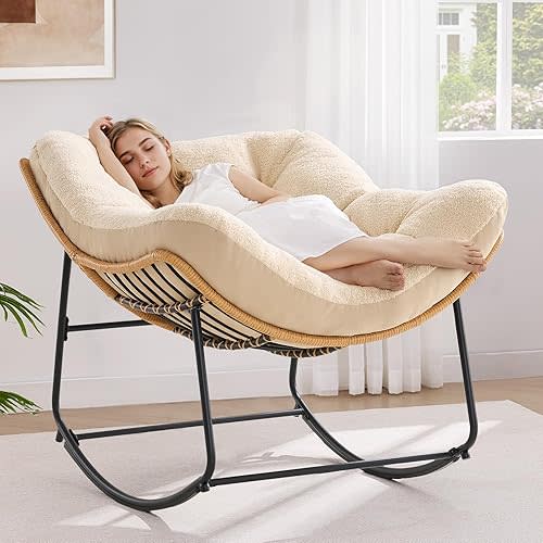 ONBRILL Outdoor Rocking Chairs, Oversized Papasan Rocking Chair Indoors with Padded Cushions, Rattan Wicker Lounge Chair for Living Room, Porch, Patio, Garden, Beige
