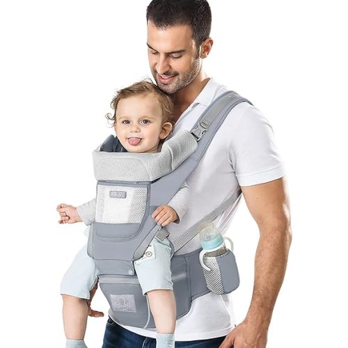 Baby Carrier Ergonomic Infant Carrier with Hip Seat Kangaroo Bag Soft Baby Carrier Newborn to Toddler 7-66lbs Front and Back Baby Holder Carrier for Men Dad Mom (Grey)