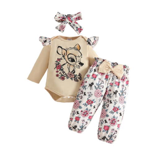 Bellafa Newborn Baby Girl's 3pc Animal Prints Long Sleeve Romper and Pant Sets Cute Infant Easter Outfits with Bowknot Headband