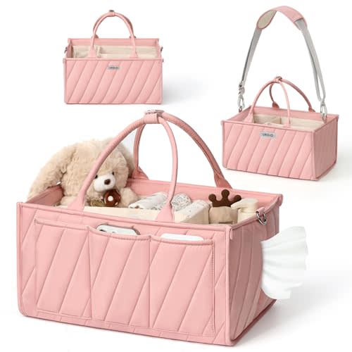 VKSAO Diaper Caddy Organizer for Baby Essentials – Soft Blush Pink Storage Basket with Compartments, Shoulder Strap & Stroller Hooks – All-in-One Multifunctional Diaper Storage Tote for Nursery & Car