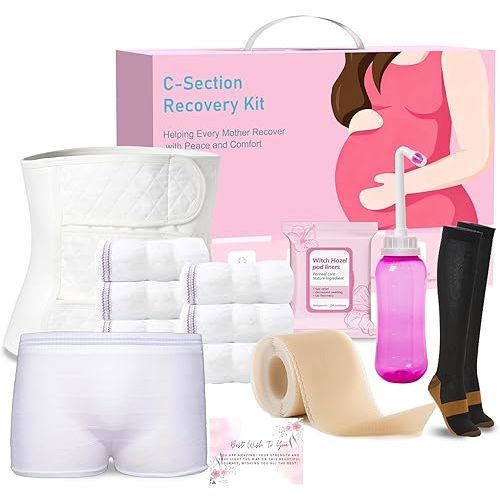 C Section Recovery Kit, Csection Postpartum Essentials | Peri Bottle,6 Disposable Mesh Underwears,Witch Hazel Pad Liners,Silicone Scar Patches, Abdominal Belly Binder,Socks,Card