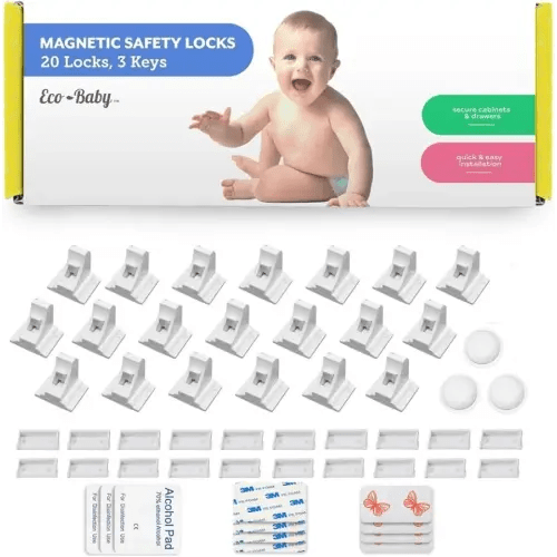 Eco-Baby Magnetic Cabinet Locks for Babies - Keyless, White, 20 Pack and 3 Keys