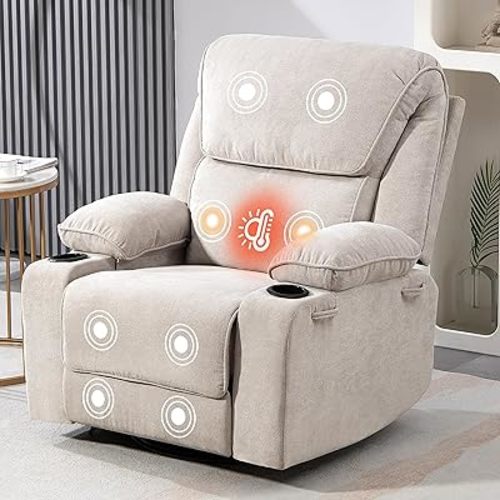 Rocker Recliner Chair with Massage and Heated, 360°Swivel Rocking Chairs with Cup Holders Remote Control for Living Room (Light Gray)