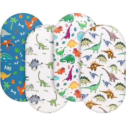 4 Pack Baby Boy Bassinet Sheets Set Soft Fitted Baby Boy Mattress Covers Construction Truck or Dinosaur Theme Breathable Toddler Sheets for Infant Boys (Dinosaur, Bassinet Sheets)