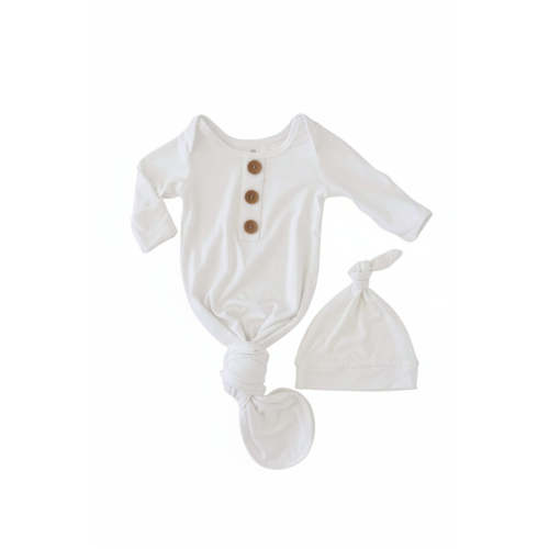 Solid White Bamboo Baby Knot Gown & Hat