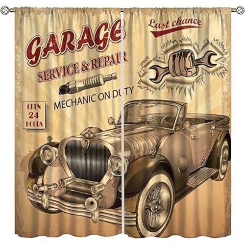 Vintage Car Window Curtains Retro Garage Station Commercial Element Route 66 Printed Window Drapes for Bedroom Living Room Cafe Decor W42xL45in Decor