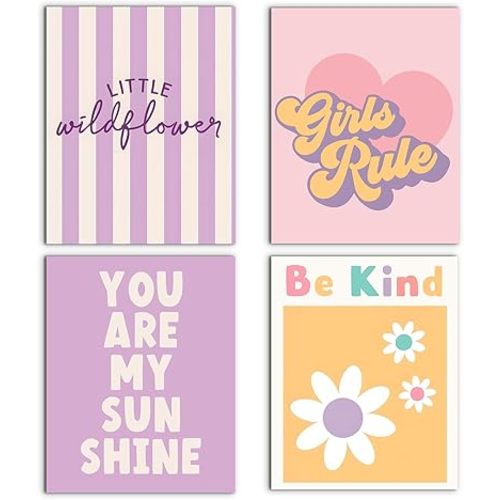 WUCHJ Girl Nursery You Are My Sunshine Wall Art Decor, Little Baby Girl Room Decor, Inspirational Purple Pink Wildflower Canvas Artwork Posters for Girls Dorm, 8x10 Inches Set of 4 Unframed
