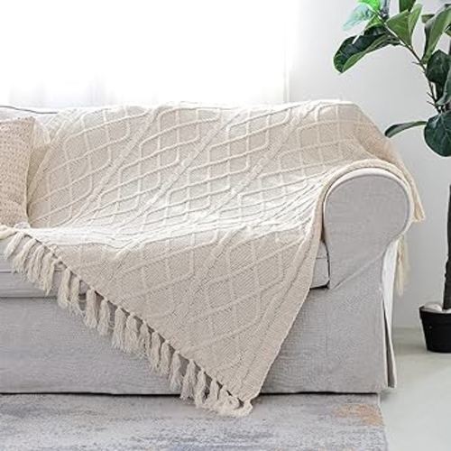 Solid Soft Cozy Cable Knitted Blanket Throw, Lightweight Decorative Textured Cream Throw Blanket with Fringes for Couch Chairs Bed Sofa,Beige, 50"x 60"