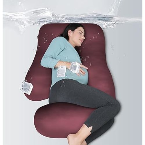 MOON PARK Pregnancy Pillows for Sleeping - U Shaped Full Body Maternity Pillow with Removable Cover - Support for Back, Legs, Belly, HIPS - 57 Inch - Burgundy - Cooling Cover