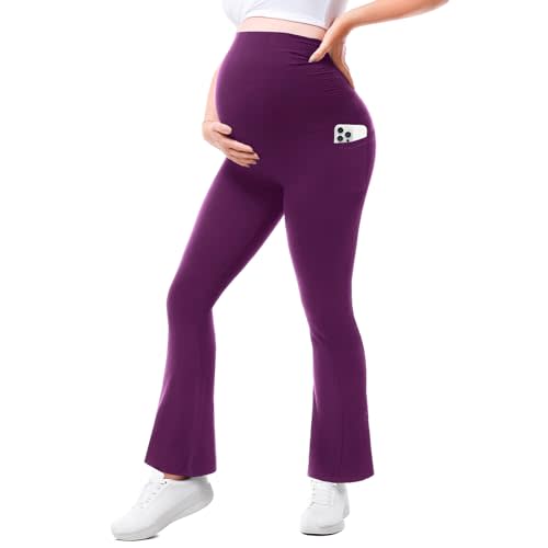 Walifrey Maternity Flared Leggings with Pocket Over The Belly Buttery Soft Pregnancy Yoga Pants for Workout