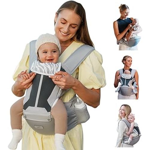 MOMTORY Safety-Certified 6-in-1 Baby Carrier Newborn to Toddler, Grey | Plus Size Friendly, 6 Carry Positions, Ergonomic Hip Support, Cozy and Breathable, Baby Carrier with Hipseat for 7-50lbs