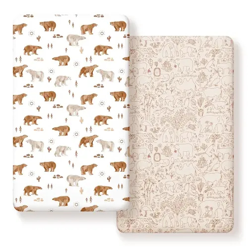 Stretchy Ultra Soft Jersey Knit Fitted Crib Sheets Set 2 Pack,Universal Fit All Standard Crib Mattress Pads Safe and Snug, Crib Fitted Sheet for Boys and Girls, Cute Animals Print