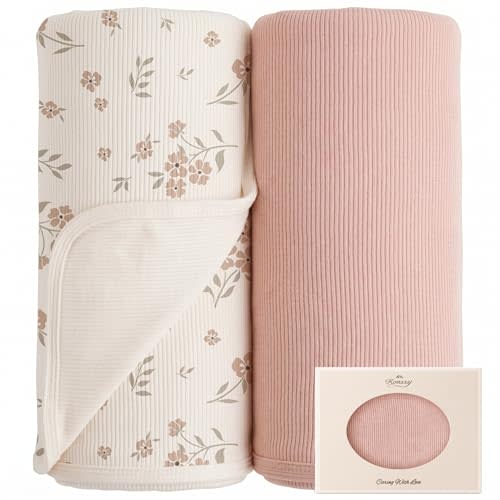 Konssy Ribbed Knit Baby Blankets 2 Pack, Stretchy Lightweight Swaddle Blanket for Boys & Girls, Soft Cozy Receiving Wrap for Newborns, Infants, & Toddlers, 33x42 Inch