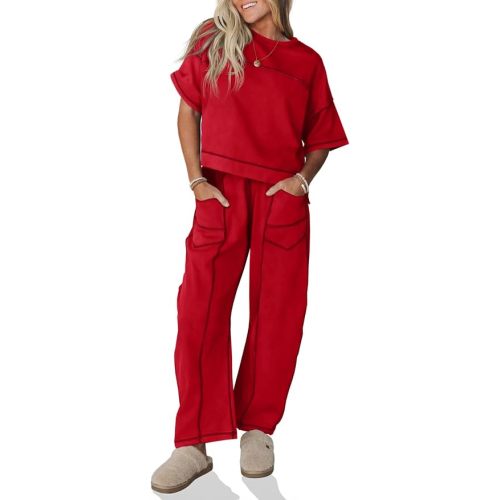 Fisoew Womens 2 Piece Outfits Lounge Sets Short Sleeve Tops and Wide Leg Pants Travel Vacation Casual Matching Sets