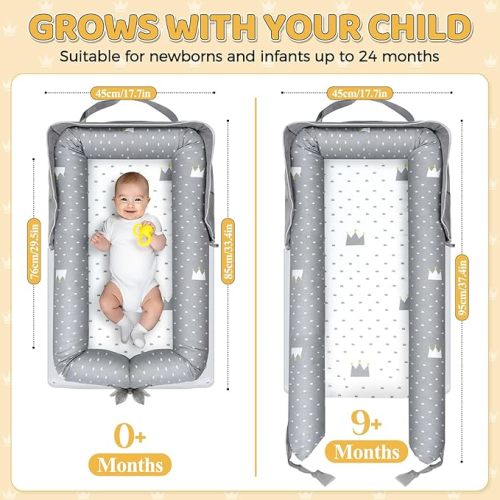 Baby Lounger for Newborn 0-24 Months, Portable Infant Lounger with Soft Breathable Cotton, Adjustable Size Lengthen Space Lightweight & Washable Essentials for Home (1. Crown)