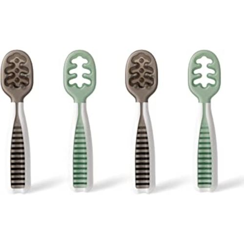 NumNum Pre-Spoon GOOtensils | Baby Spoon Set (Stage 1 + Stage 2) | BPA Free Silicone Self Feeding Toddler Utensils | For Kids Ages 6 Months+, 2-Pack, 4 Spoons, Storm Gray/Glacier Green