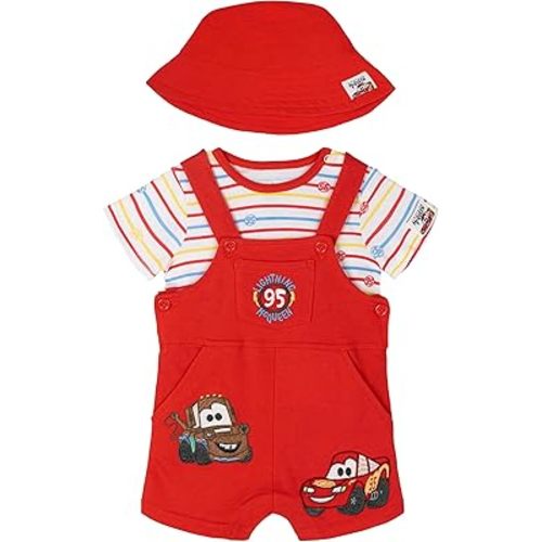 Disney Baby French Terry Short Overalls, T-Shirt and Hat 3 Piece Outfit Set Newborn to Infant Sizes (0-24 Months)