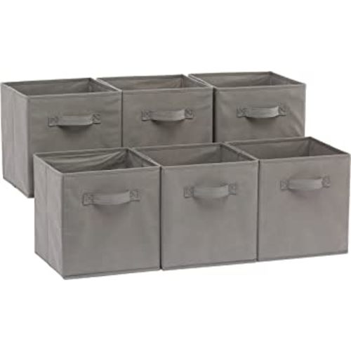 Amazon Basics Collapsible Fabric Storage Cubes Organizer with Handles, Sturdy, Gray, 10.5-x-10.5-x-11-inch, Pack of 6