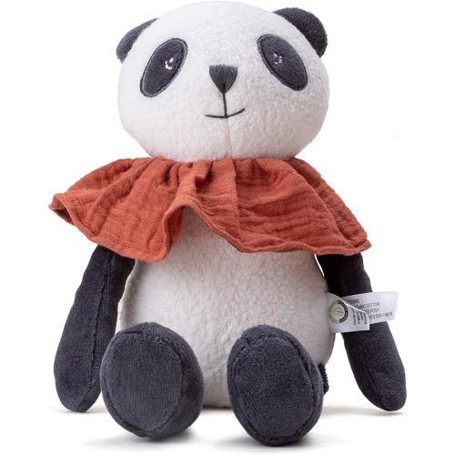 Stuffed Animal Organic Cotton Baby Plush Toys, 9” Organic Sitting Panda with Rattle Soft Cuddly Toy for Boys and Girls
