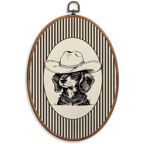 SONMYSULIL Vintage Western Cowboy Dachshund Wall Art Decor, Rustic Western Weiner Dog Oval Wall Hanging Decor, Dachshund Gifts Framed Canvas Prints for Home Bedroom Living Room, 8.6x11.4 Inch