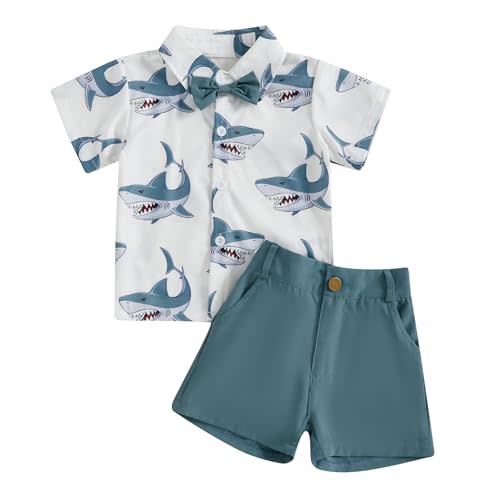 Licupiee Toddler Baby Boys Shark Outfits Short Sleeve Button Down T Shirts and Shorts Set 2 Piece Formal Summer Clothes Sets