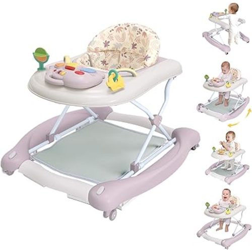 5 in 1 Foldable Baby Walker,Activity Baby Walker-Baby Bouncer,Rocker,Activity Center,Seat and Push Walker,Detachable Footrest Mat,Adjustable Speed Rear Wheels and Height,Ages 6-18 Months (Purple)