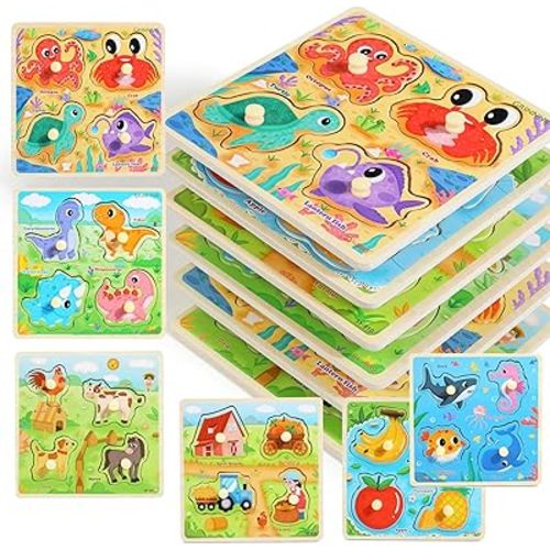 6PCS Wooden Toddler Puzzles, Montessori Toys Peg Puzzles for 3-5 Kid, Toddler Learning Educational Toys Kids Puzzle -Dinosaur, Farm, Farm Animals, Sea Animals, Fruit, Baby Puzzle Gift for Boys Girls