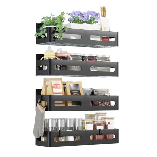 Sevenblue 4-Pack Magnetic Spice Rack for Refrigerator with Hooks, Black | Strong multipurpose magnetic shelf for kitchen & bathroom organization. Includes 4 removable hooks for hanging items.