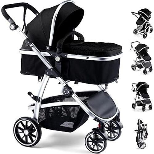 Baby Stroller, 2-in-1 Reversible Toddler Seat with Bassinet Mode, Foldable Infant Stroller with Canopy, One Button Brake, Adjustable Handle, Newborn Pushchair(Black)