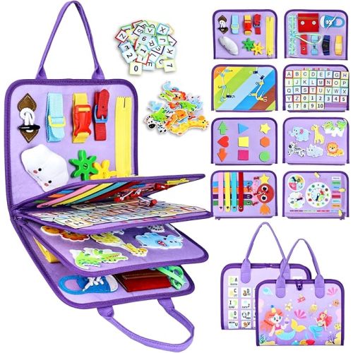 Esjay Toddler Busy Board Montessori Toys for Girls, Sensory Book Educational Activities Learning Fine Motor Skills, Birthday Gifts for Girls Toddlers, Travel Toys for Airplane Car, Purple Merpeople